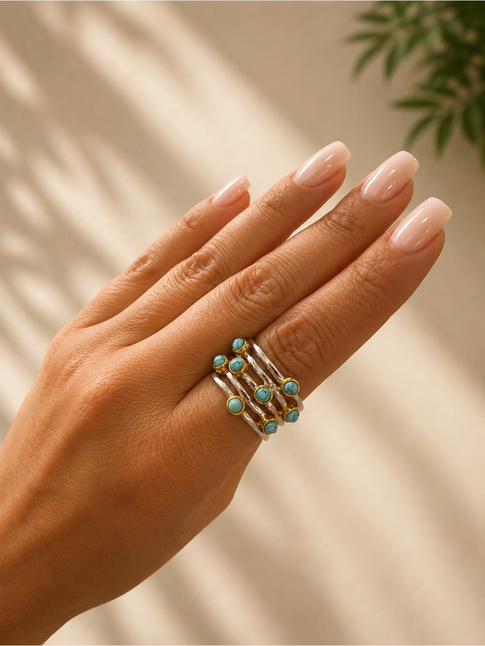 Stacked Turquoise Gemstone Silver Ring - Women Jewelry